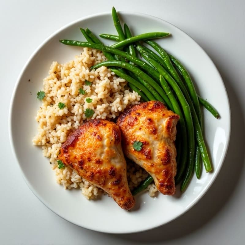 Crispy Herb-Roasted Chicken Thighs with Fluffy Brown Rice and Roasted Green Beans