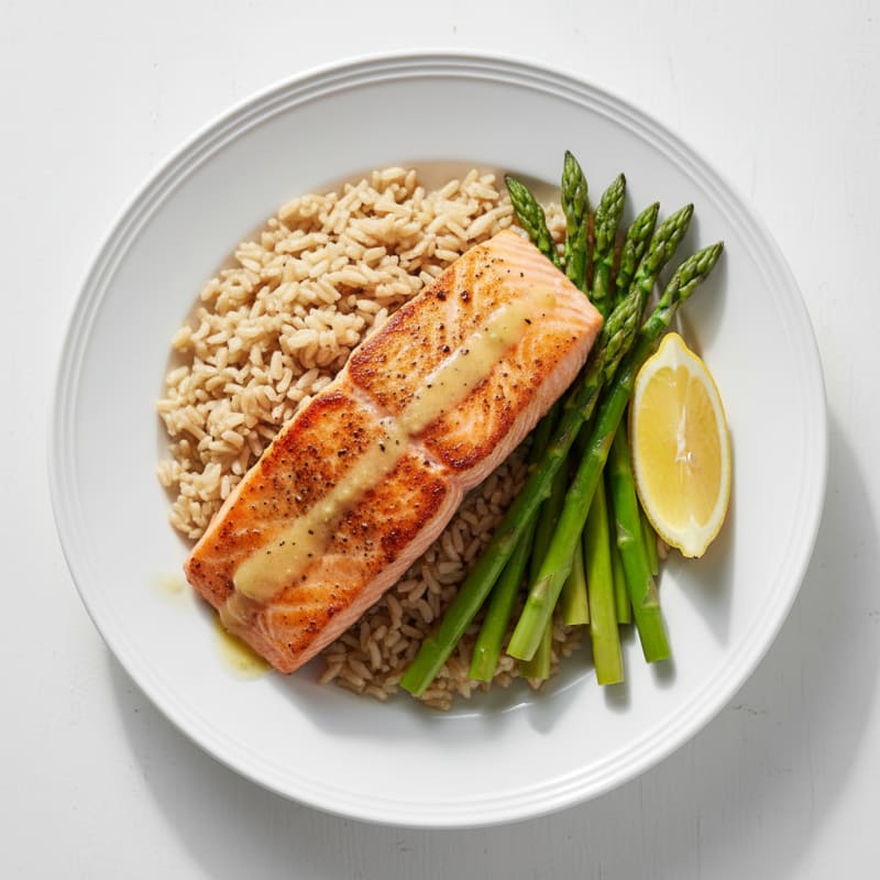 Seared Salmon Fillet with Steamed Asparagus and Brown Rice