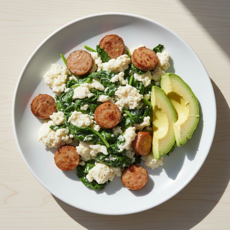 Egg White Scramble with Turkey Sausage and Sautéed Spinach