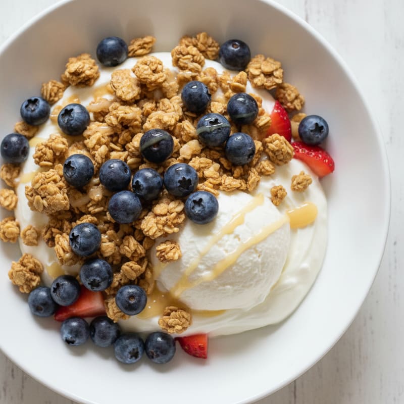 Creamy Vanilla Greek Yogurt with Protein Granola and Fresh Berries
