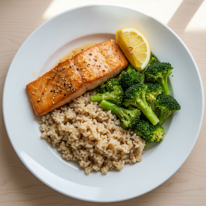 Seared Salmon with Steamed Broccoli and Brown Rice