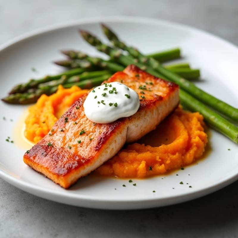Seared Salmon Fillet with Roasted Asparagus and Sweet Potato Mash