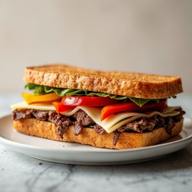 Lean Sautéed Beef and Provolone Sandwich with Peppers and Onions