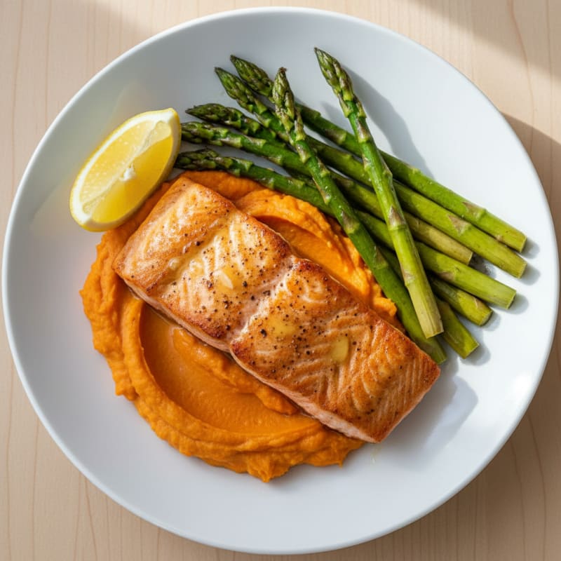 Pan-Seared Salmon with Roasted Asparagus and Sweet Potato Mash