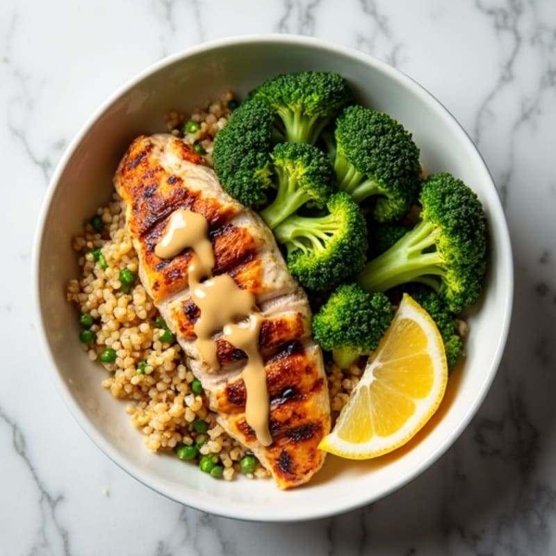 Grilled Chicken and Quinoa Bowl with Roasted Broccoli and Lemon Tahini Drizzle