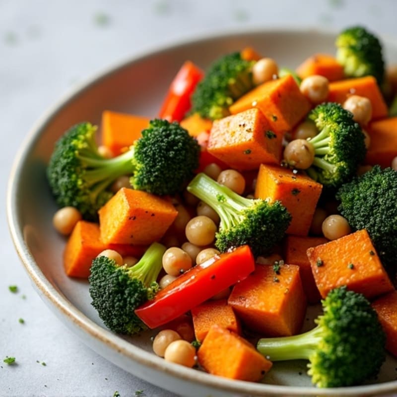 Crispy Roasted Sweet Potato, Broccoli, and Bell Pepper with Tofu & Chickpeas