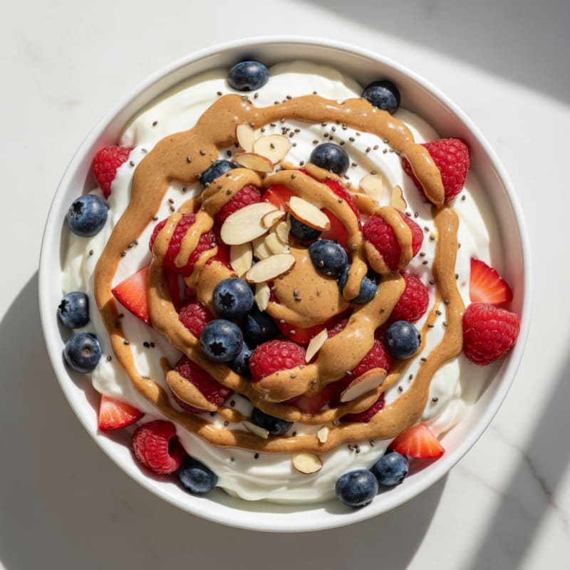 Greek Yogurt Protein Parfait with Mixed Berries and Almond Butter