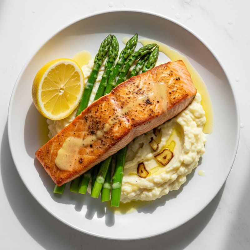 Seared Salmon with Steamed Asparagus and Garlic Mashed Cauliflower