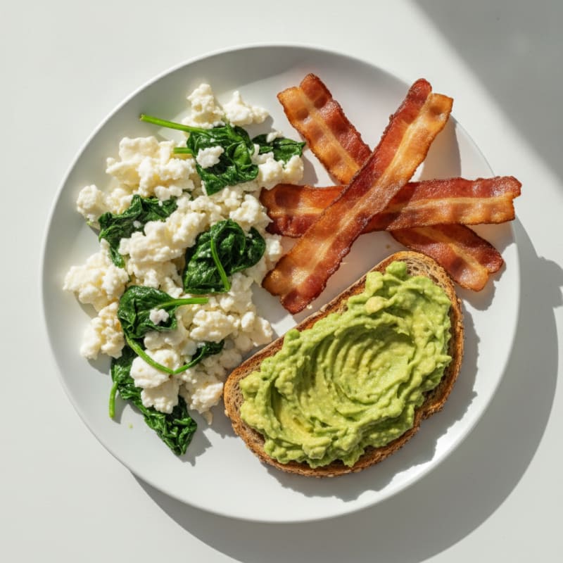Crispy Turkey Bacon and Egg White Scramble with Sautéed Spinach