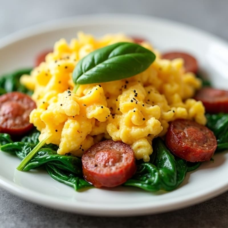 Savory Scrambled Eggs with Crispy Turkey Sausage and Fresh Spinach