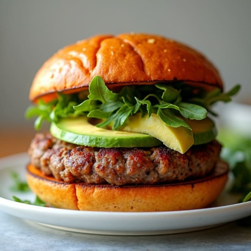 Beef Patties with Roasted Sweet Potato Buns, Creamy Avocado, Tangy Sauerkraut, and Fresh Arugula