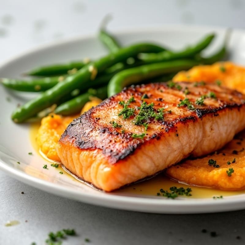 Seared Salmon with Garlic Green Beans and Sweet Potato Mash
