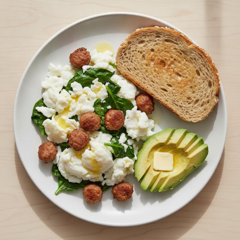 Egg White Spinach Scramble with Turkey Sausage