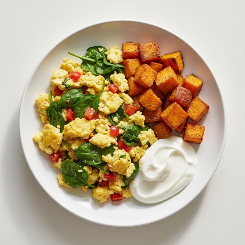 Egg and Spinach Scramble with Greek Yogurt and Roasted Sweet Potato