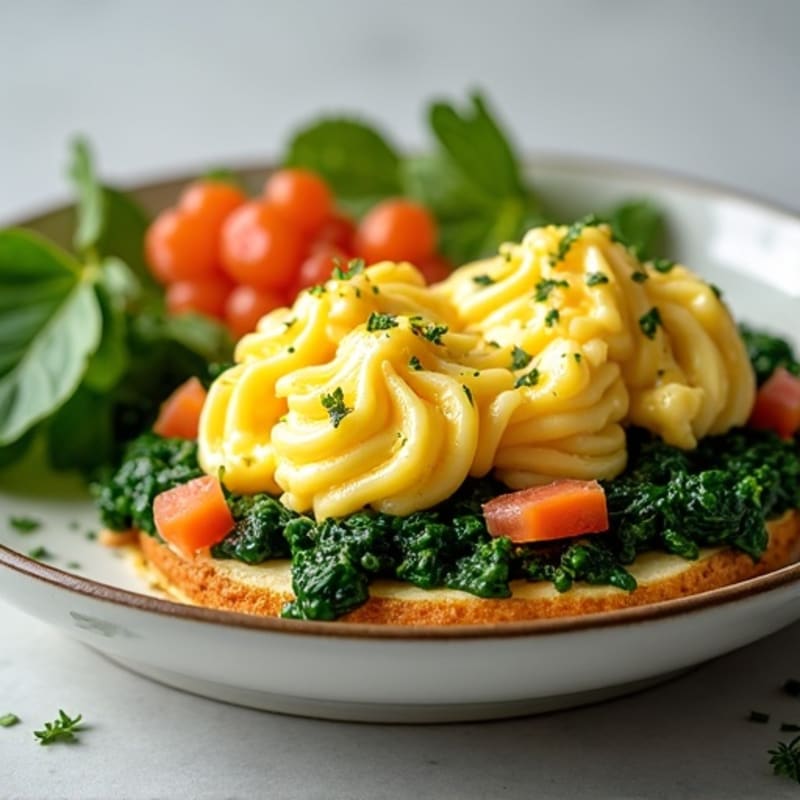 Fluffy Scrambled Eggs with Sautéed Spinach and Avocado