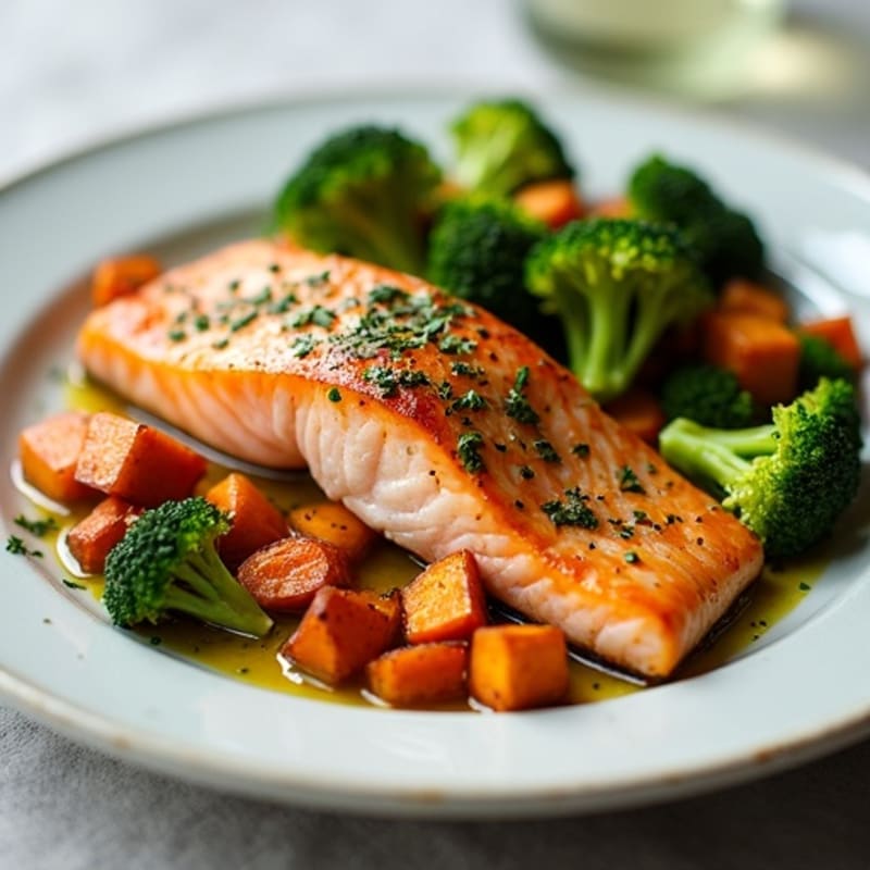 Herb-Roasted Salmon with Roasted Sweet Potatoes and Broccoli