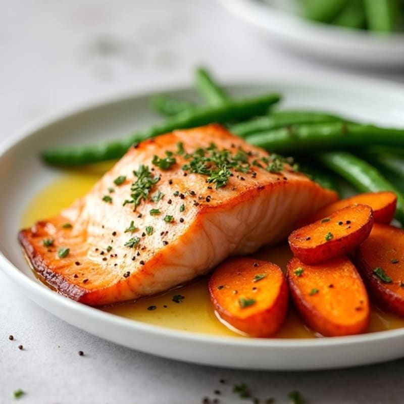 Flaky Baked Salmon with Roasted Sweet Potatoes and Green Beans
