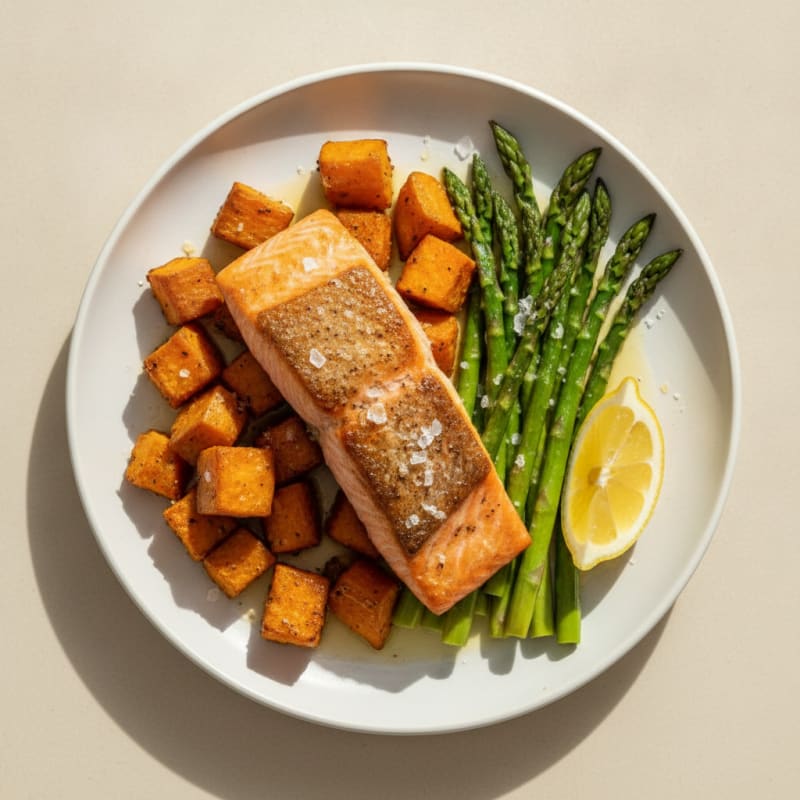 Seared Salmon with Roasted Sweet Potato and Asparagus