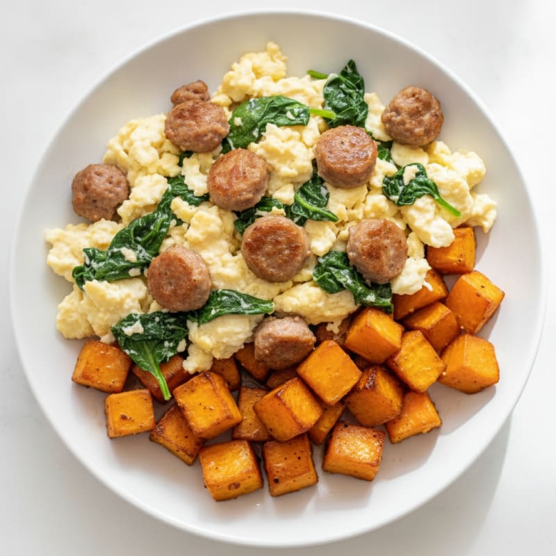 Egg White and Turkey Sausage Scramble with Spinach and Roasted Sweet Potato