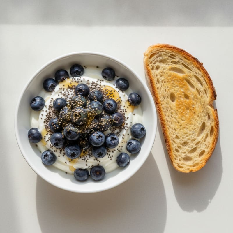 Blueberry Greek Yogurt Chia Seed Parfait with Sourdough Toast