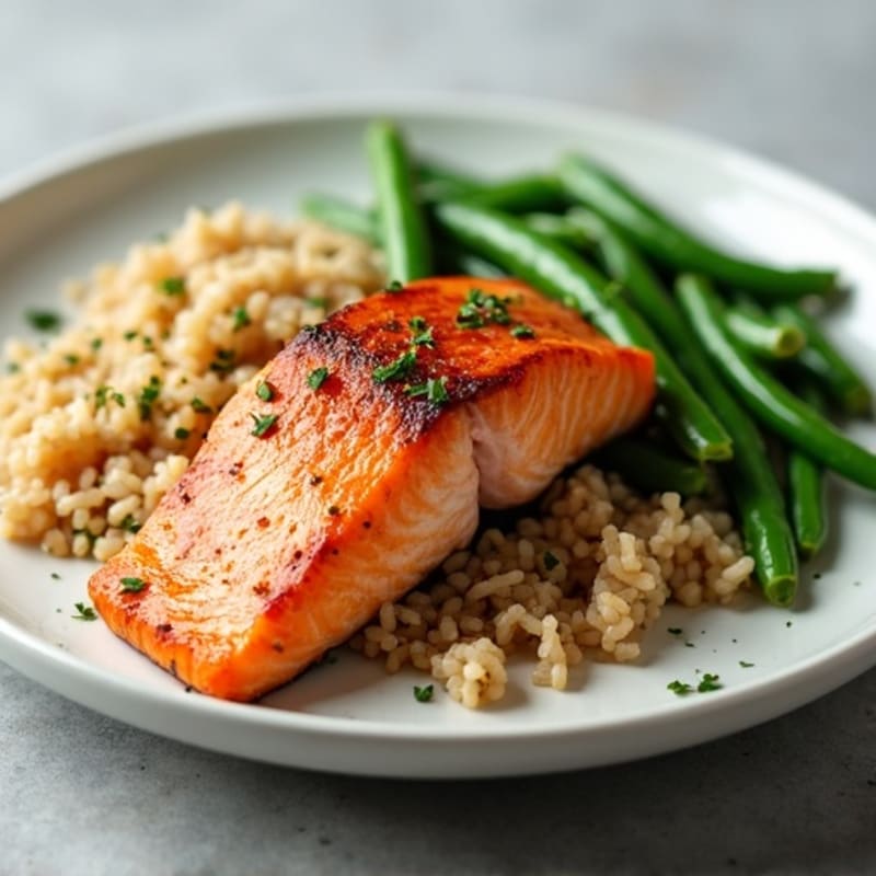 Seared Salmon Fillet with Garlic Green Beans and Brown Rice