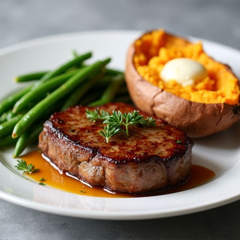 Seared Lean Beef Steak with Garlic Green Beans and Baked Sweet Potato