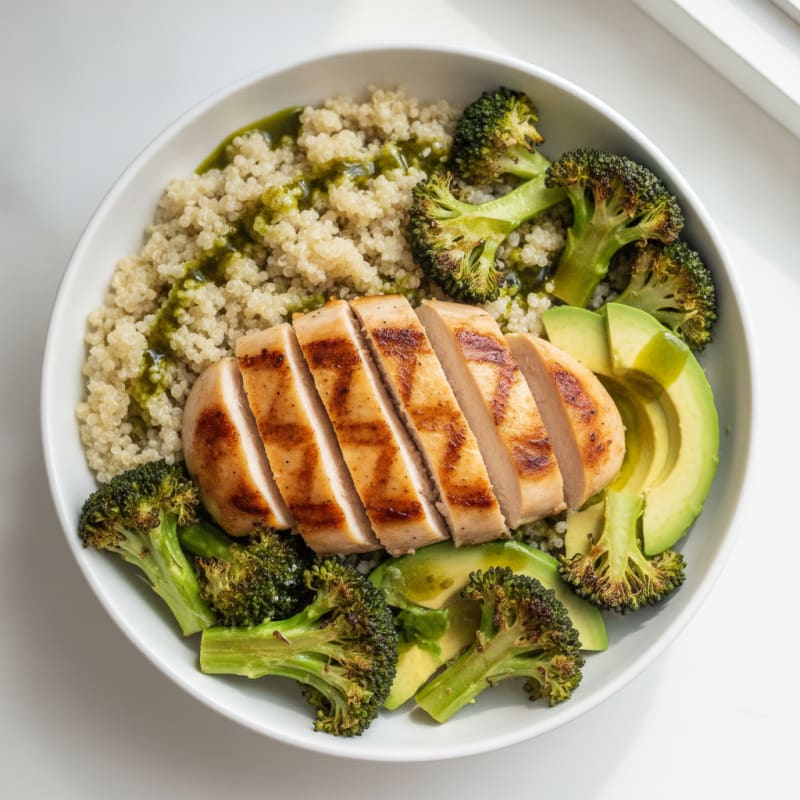 Grilled Chicken Breast with Creamy Quinoa and Roasted Broccoli
