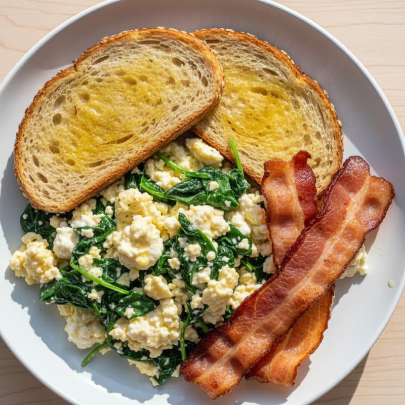 Cottage Cheese Scramble with Spinach and Turkey Bacon