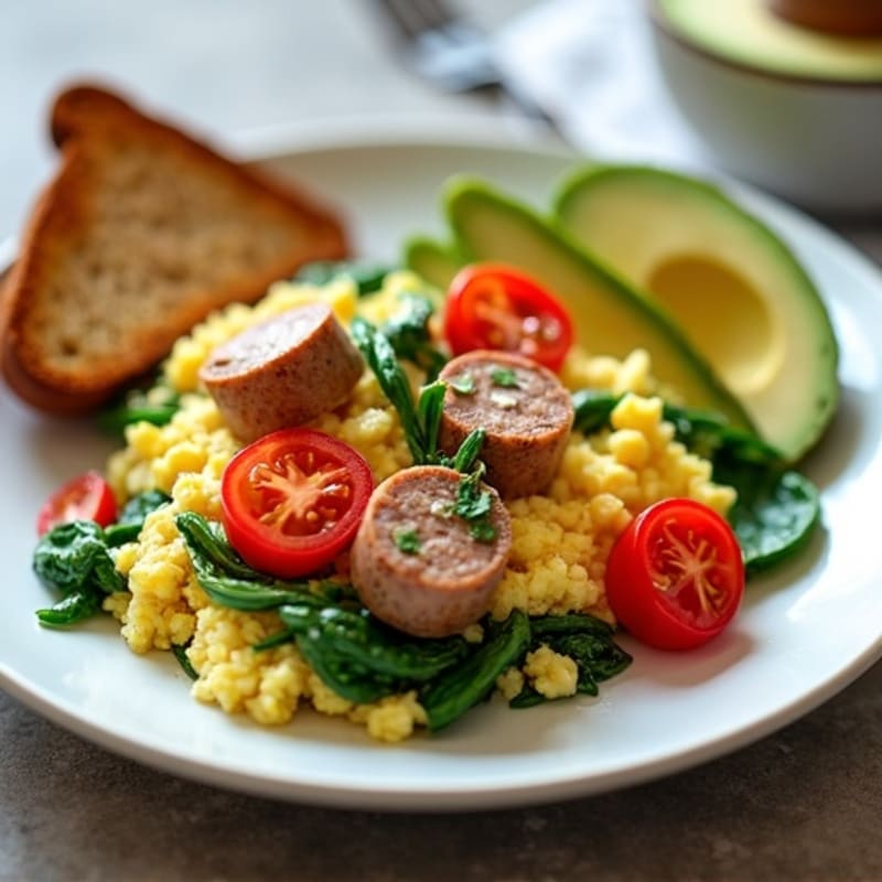 Egg White Spinach Scramble with Turkey Sausage