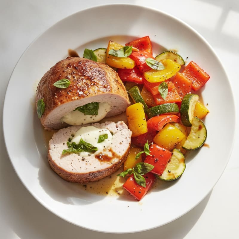 Mozzarella-Stuffed Pork Tenderloin with Roasted Vegetables