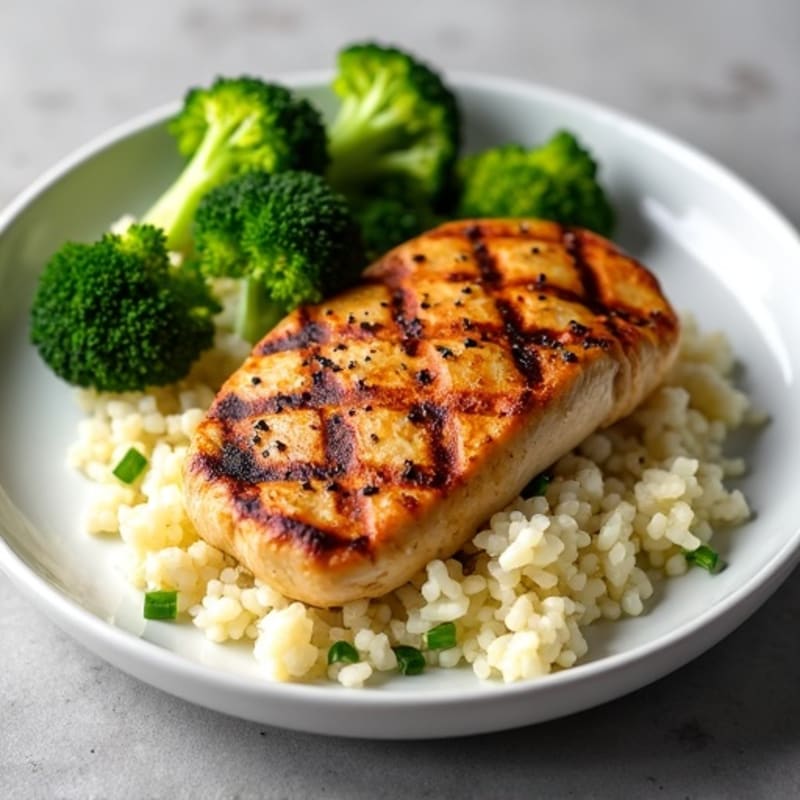 Grilled Chicken Breast with Roasted Broccoli and Cauliflower Rice