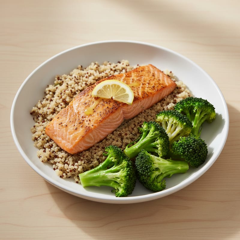 Seared Salmon Fillet with Steamed Broccoli and Quinoa