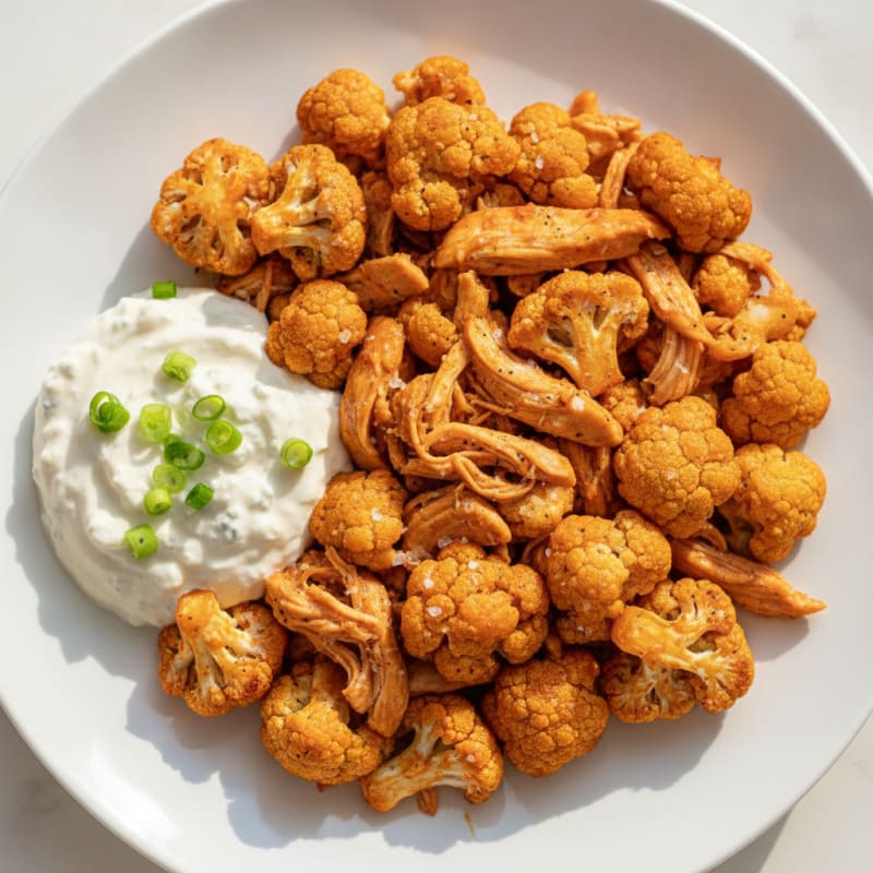 Buffalo Cauliflower Bites with Shredded Chicken
