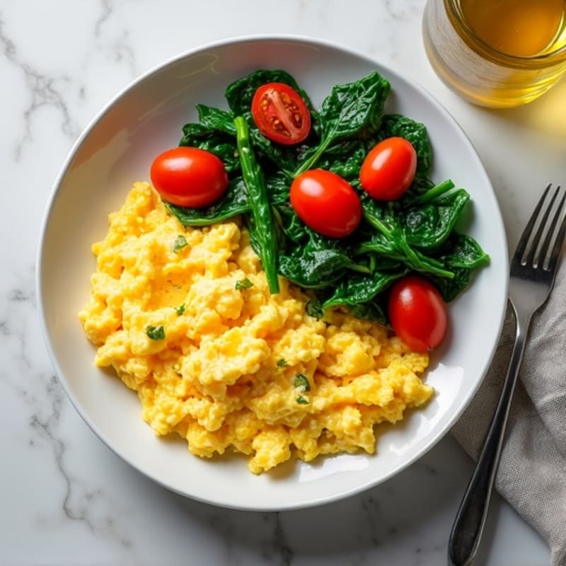 Fluffy Scrambled Eggs with Sautéed Spinach and Cherry Tomatoes