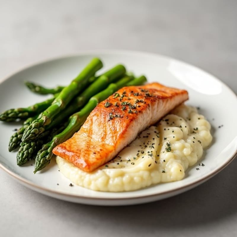 Seared Salmon with Steamed Asparagus and Cauliflower Mash
