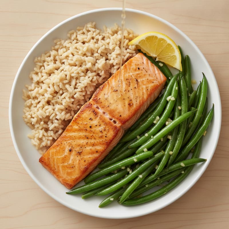 Seared Salmon Fillet with Garlic Green Beans and Brown Rice