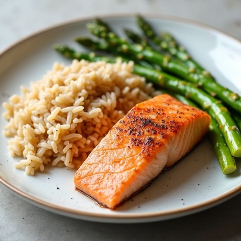 Seared Salmon with Steamed Asparagus and Brown Rice