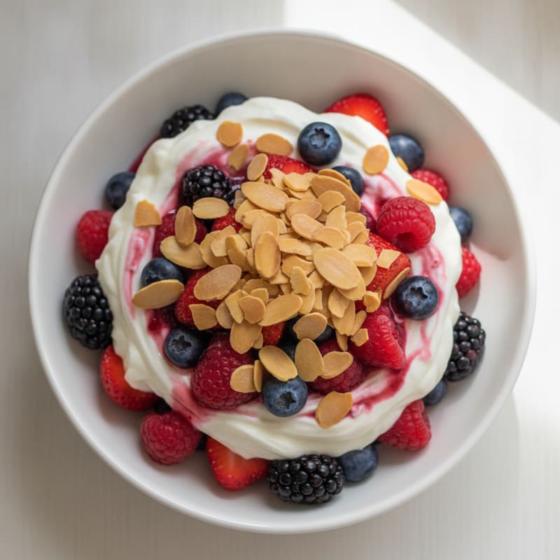 Greek Yogurt Protein Parfait with Mixed Berries and Almonds