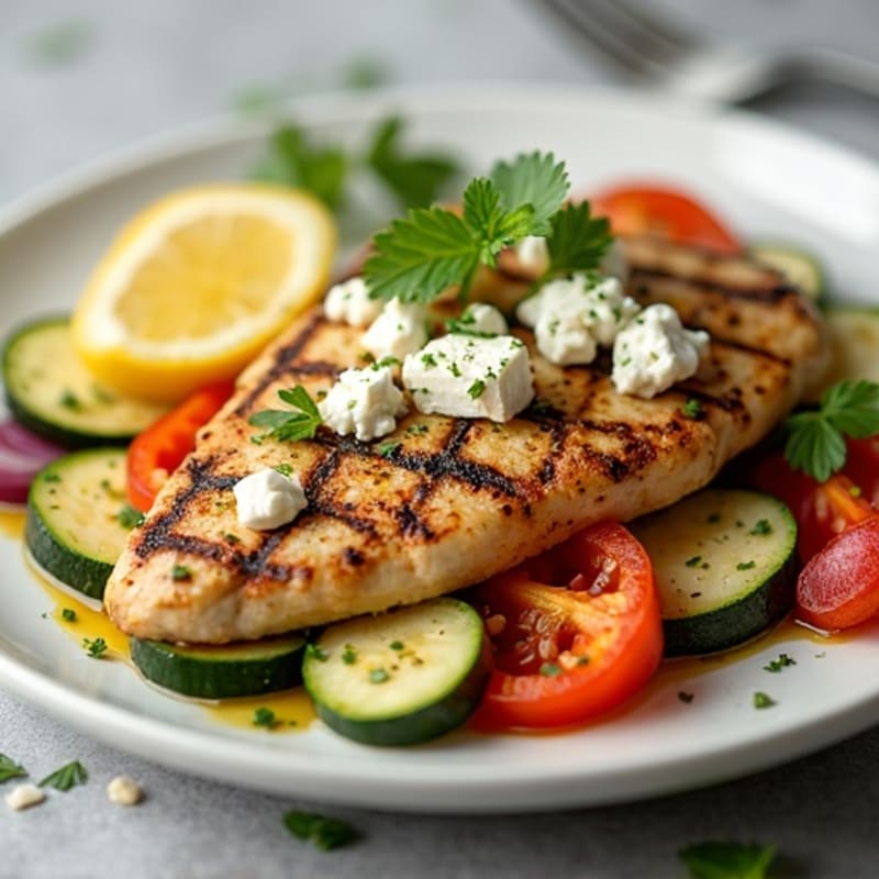 Lemon Herb Grilled Chicken with Fresh Vegetables and Creamy Feta