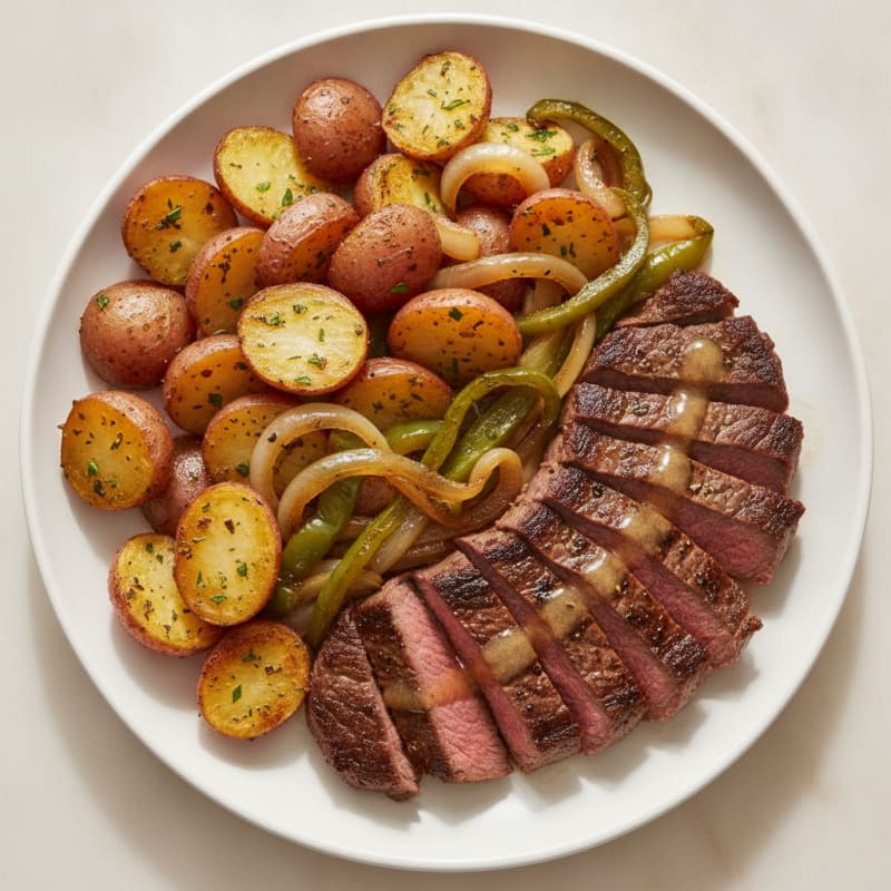 Seared Steak with Roasted Potatoes and Sautéed Onions