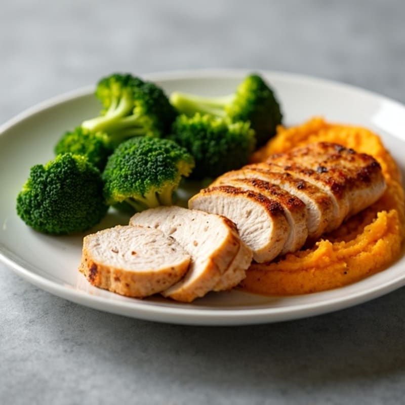 Seared Turkey Tenderloin with Roasted Broccoli and Sweet Potato Mash