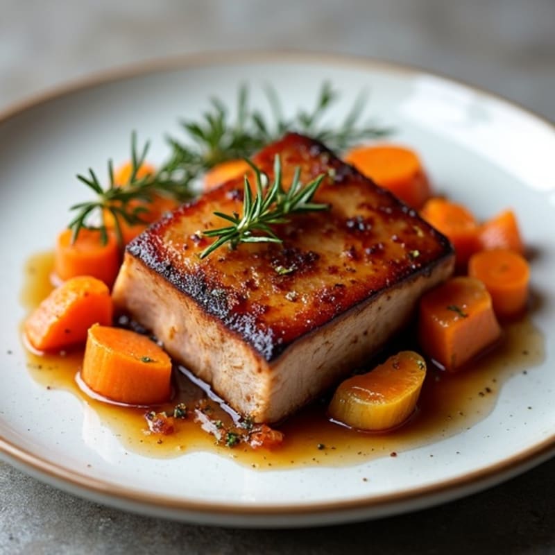 Tender Slow-Braised Pork Belly with Roasted Root Vegetables