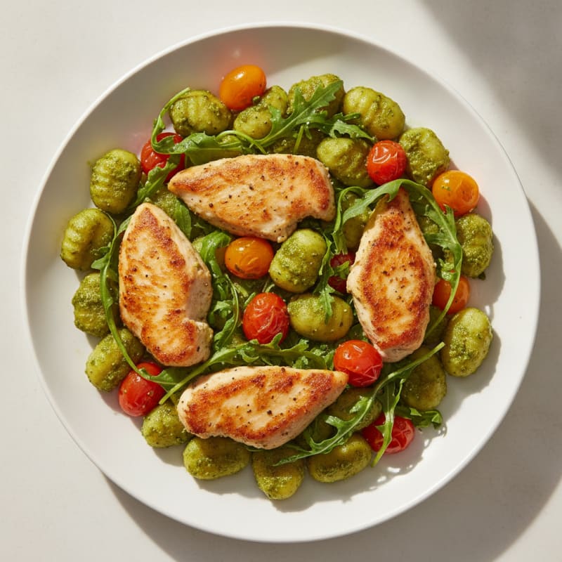 Gnocchi with Arugula Pesto and Cherry Tomatoes