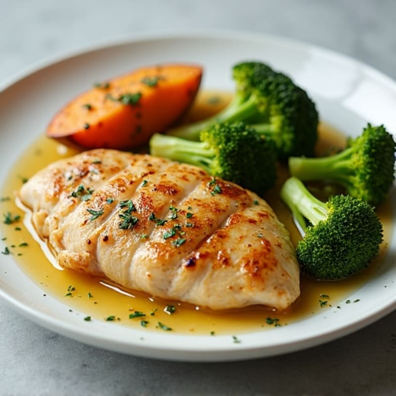 Lemon-Garlic Roasted Chicken with Tender Broccoli and Sweet Potato
