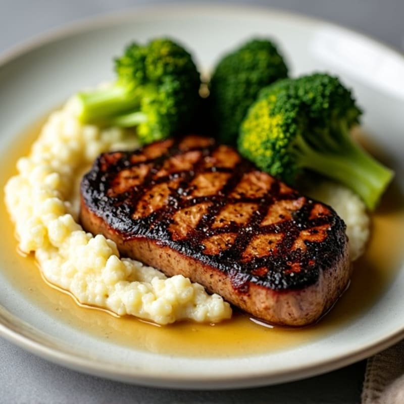 Seared Sirloin Steak with Roasted Broccoli and Cauliflower Mash