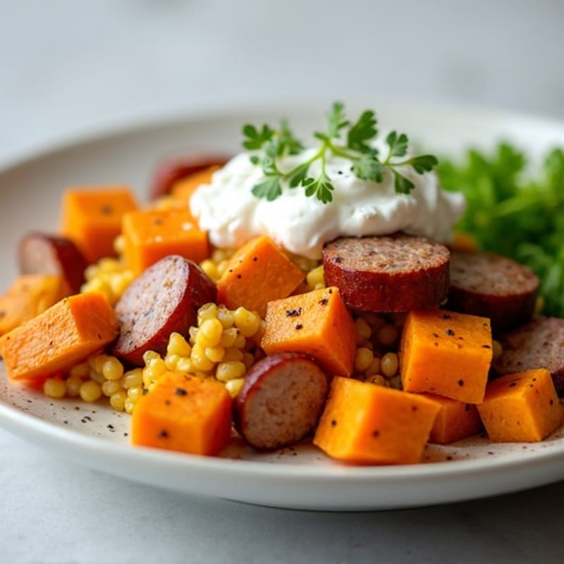 Turkey Sausage and Sweet Potato Scramble with Cottage Cheese