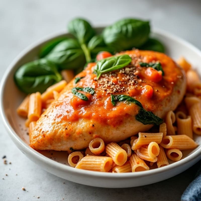 Creamy Tomato Chicken with Whole Wheat Pasta and Fresh Spinach