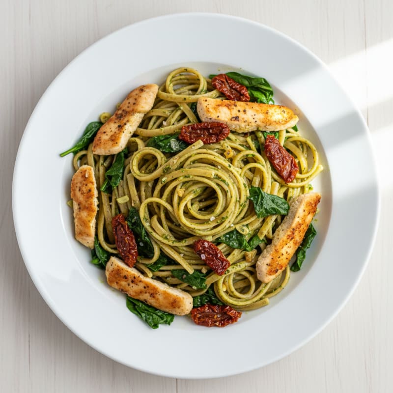 Pesto Chicken Linguine with Sun-Dried Tomatoes