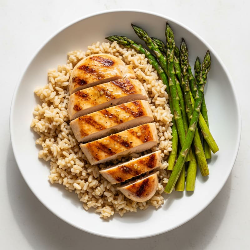 Grilled Chicken and Brown Rice Bowl with Roasted Asparagus