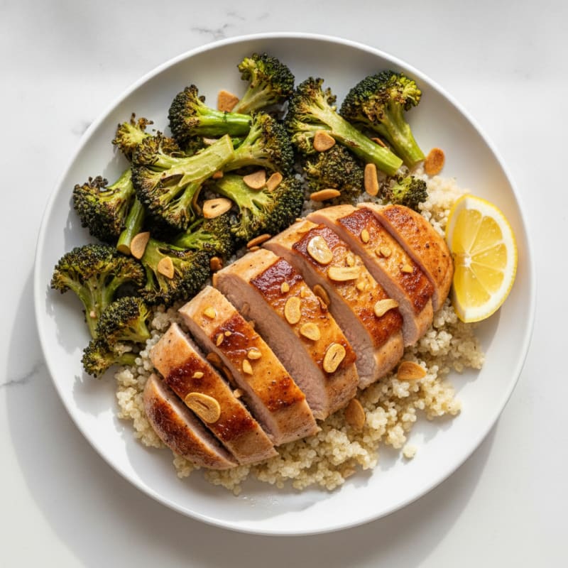Crispy Seared Turkey Breast with Roasted Broccoli and Quinoa
